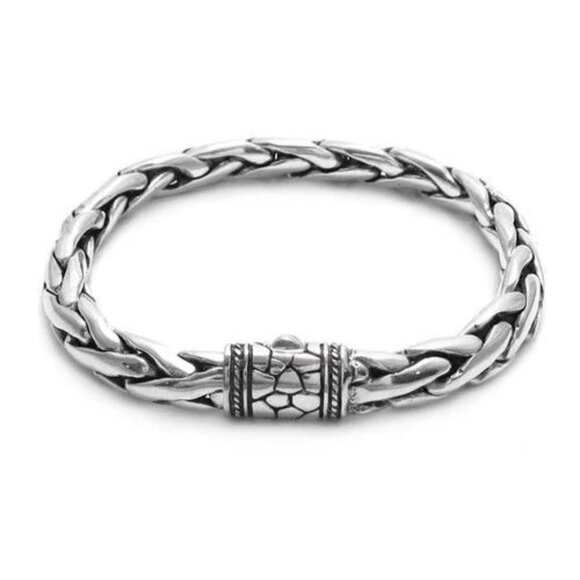 STERLING SILVER FANCY PEBBLE SLIDE-IN LOCK HEAVY WHEAT BRACELET. - Picture 2 of 3